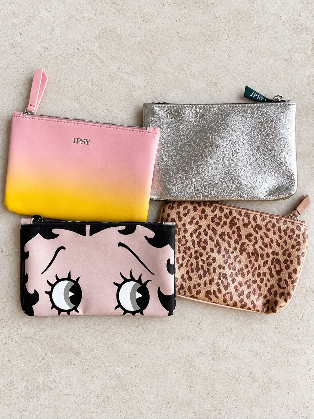 IPSY Makeup Bag Lot of 4 Cosmetic Pouches Pink Silver Leopard Betty Boop New
